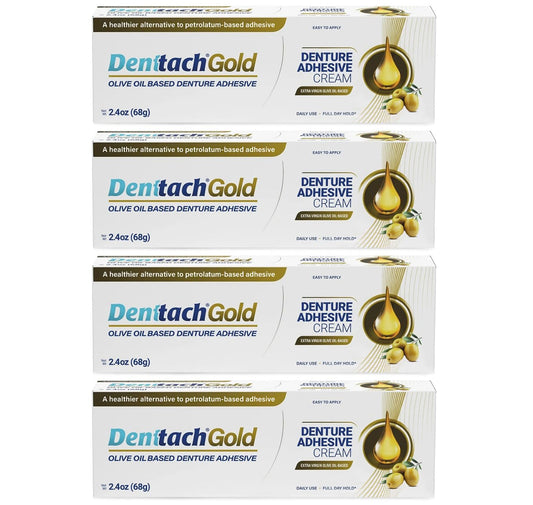 Denttach Gold Denture Adhesive, Petroleum Free Olive Oil Based Premium Denture Adhesive Cream for Full and Partial Dentures, All Day Secure Hold Denture Glue, Zinc Free, 2.4 Ounce