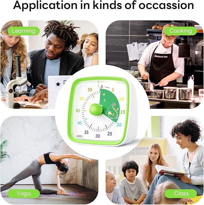 Yunbaoit Visual Timer with Night Light, 60-Minute Dinosaur Countdown Timer for Kids and Adults, Time Management Tool for Home, School, Kitchen, or Office (Green)