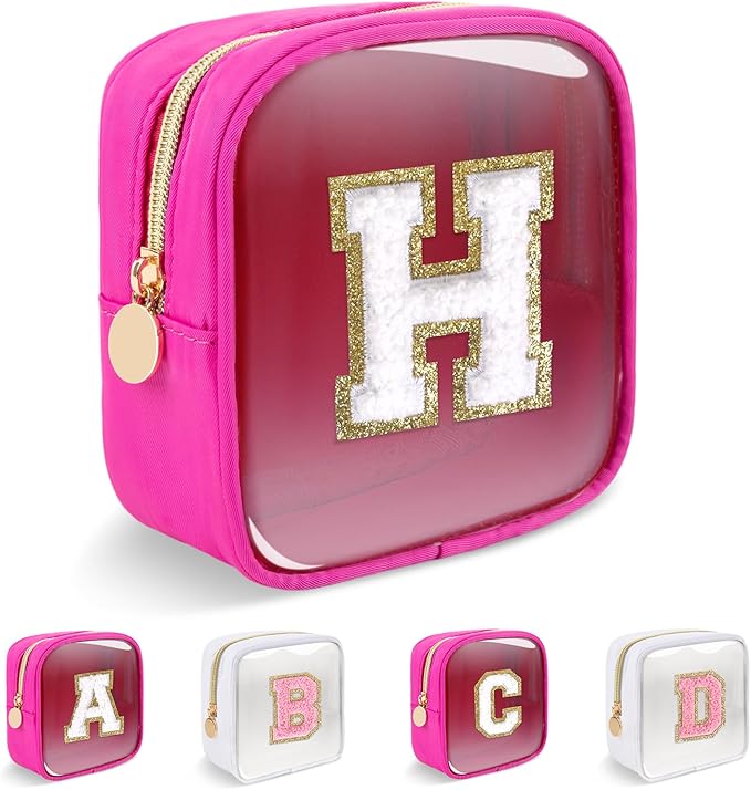 Personalized Initial Letter Clear Preppy Makeup Bag,Mini Nylon Chenille Letter Cosmetic Bag Cute Zipper Pouch Coin Purse for Teen Girls,Portable TSA Approved Travel Essentials Bag Gift for Women,H
