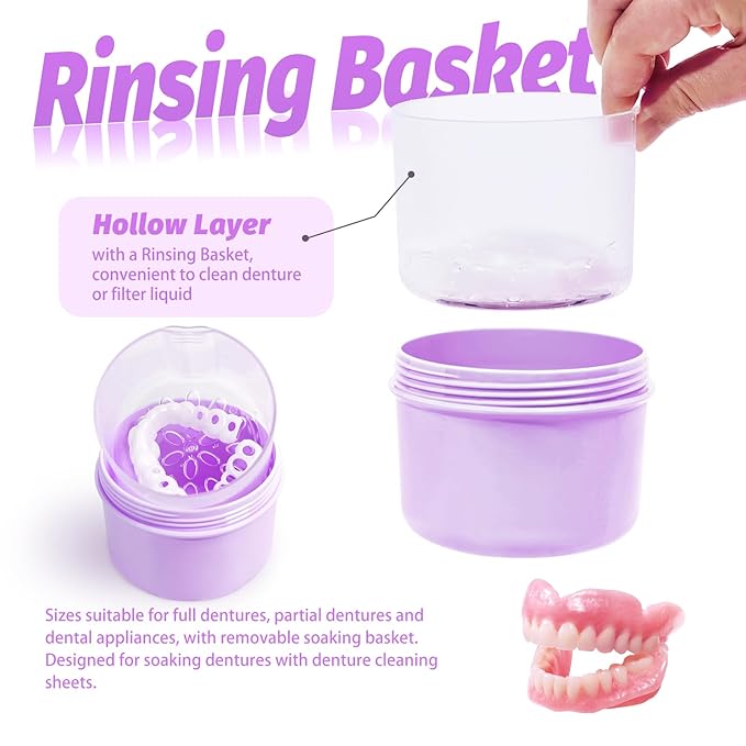 Large Denture Case, No-Leak Denture Container Cups for Soaking Full & Partial Dentures, Retainer Cleaning Box, Denture Bath Cup for Travel (purple)