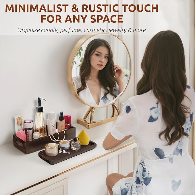 Handmade Toilet Tank Basket Topper & Vanity Tray Set of Natural Acacia Wood by DEMIGO, Created by Skilled Artisans, Smooth, Durable, Attractive Decor for Bathroom, Kitchen, Home, Spa (Dark Brown)