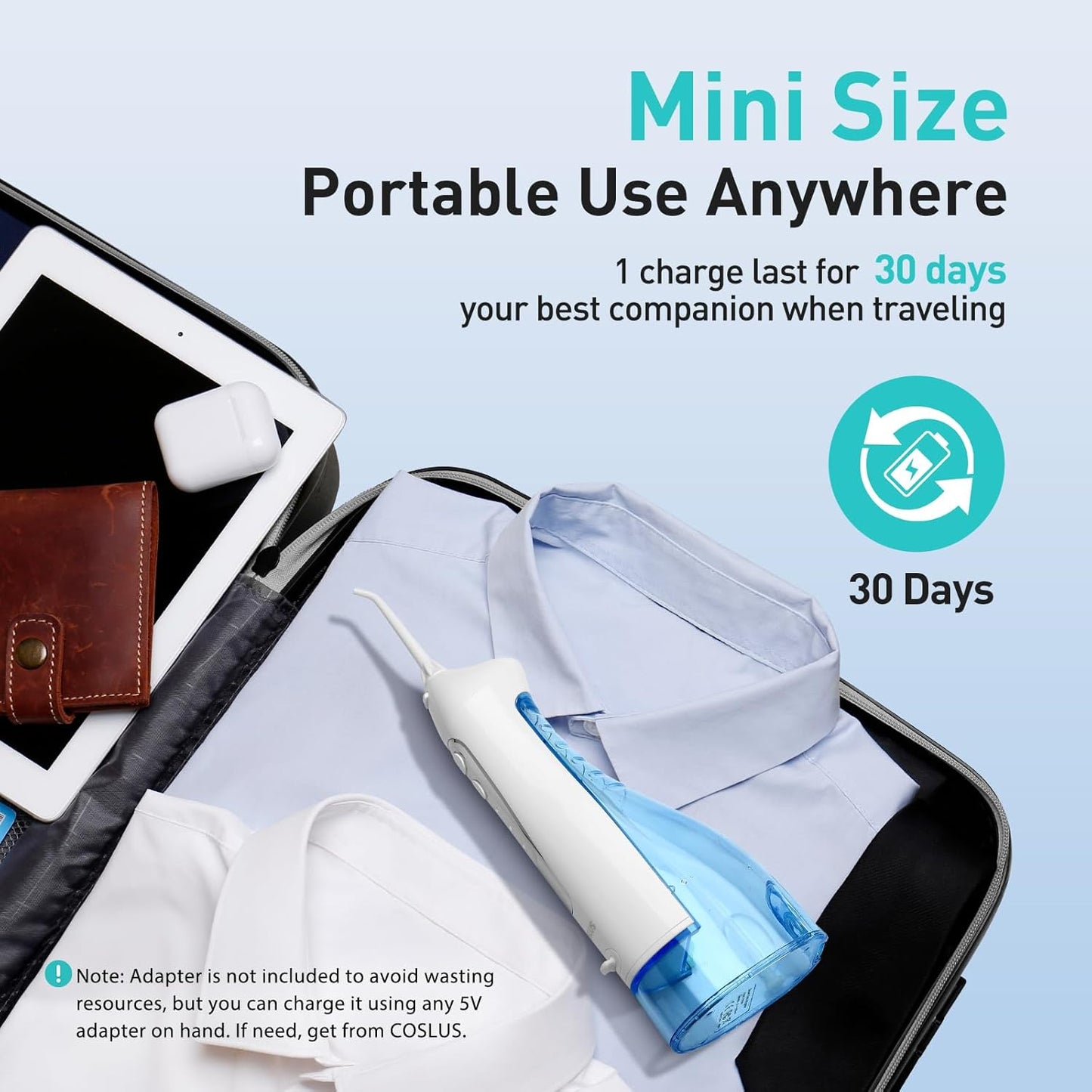 COSLUS Water Dental Flosser Teeth Pick: Portable Cordless Oral Irrigator 300ML Rechargeable Travel Irrigation Cleaner IPX7 Waterproof Electric Flossing Machine for Teeth Cleaning C20(F5020E) White