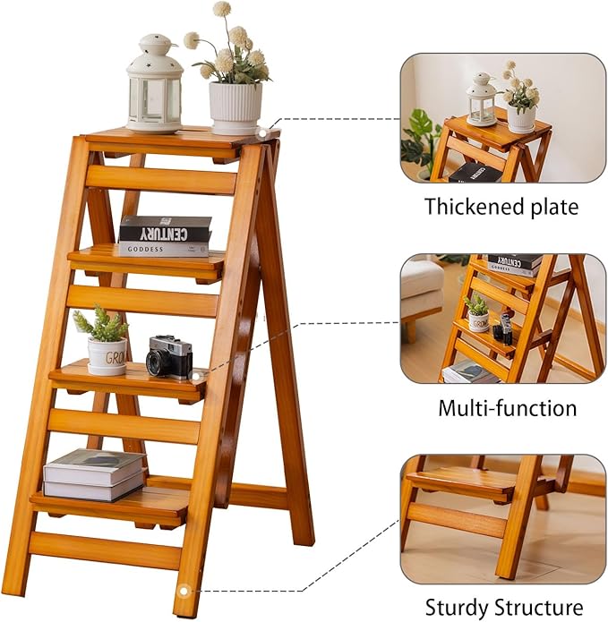 Latifolia Foldable 4 Step Ladder, Wooden Step Stool with Floor Saver, Decorative Ladder Shelf for Living Room, Kitchen, Garden(Walnut)
