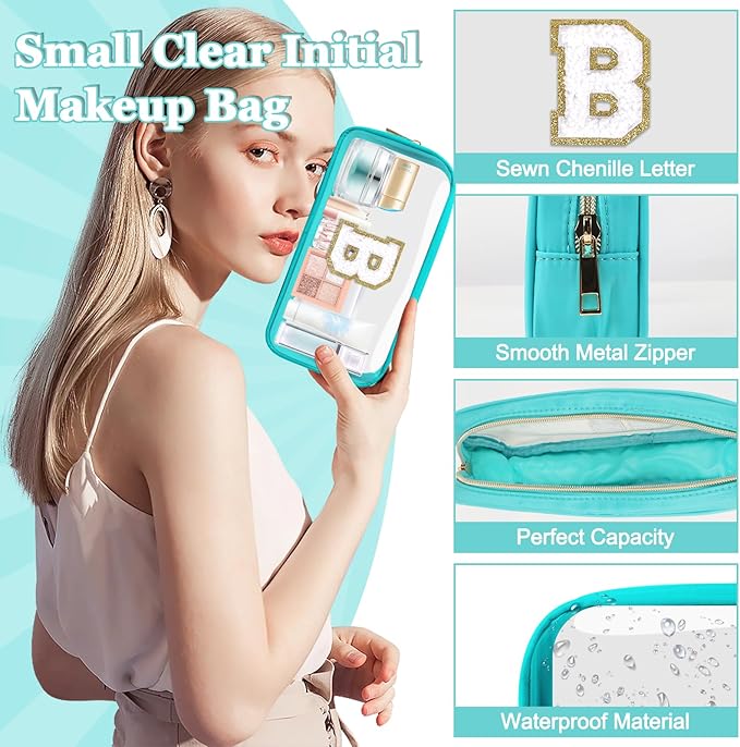 Small Clear Personalized Initial Makeup Bag,Nylon Preppy A-Z Chenille Letter Patch Cosmetic Pouch Beach Toiletry Bag,Waterproof Zipper Travel Purse Storage Bag Organizer for Women Girls(Cyan-White B)