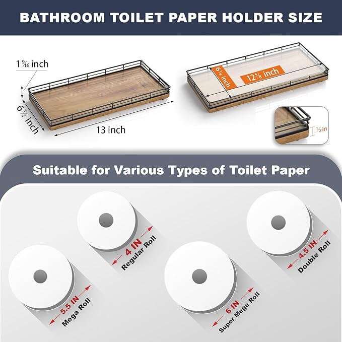 Bathroom Toilet Tank Tray, 13" Wood Toilet Paper Storage Basket Tray Back of Toilet Basket Organizer,Vanity Tray for Perfume Makeup Candle Decor, Black & Farmhouse Brown