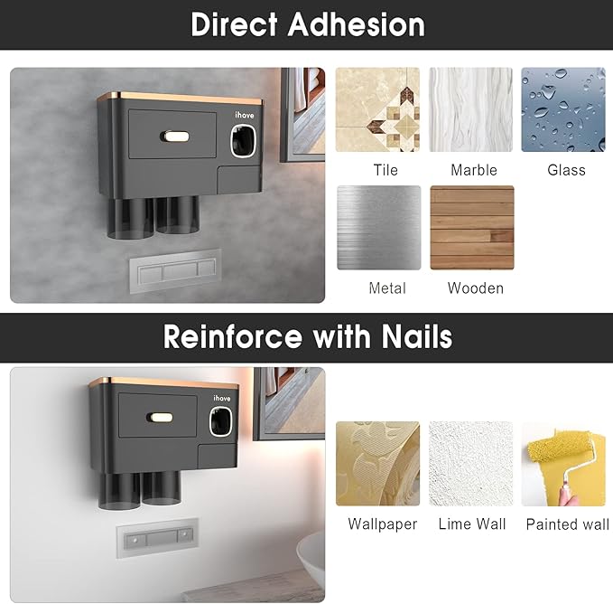 iHave Toothbrush Holders for Bathrooms - Upgrade Wall Mounted Toothbrush Holder with Toothpaste Dispenser - 2 Cups, Large Capacity Tray, Cosmetic Drawer - Bathroom Decor & Bathroom Accessories