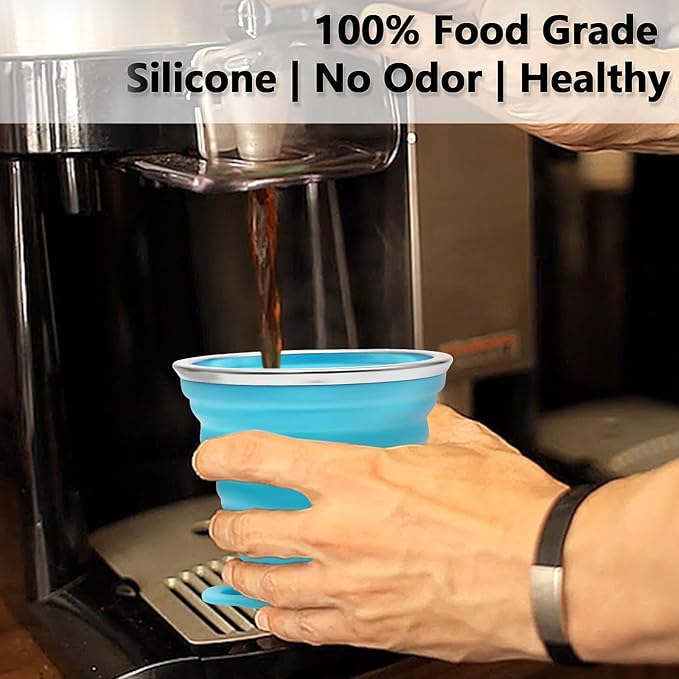 Litoexpe 4 Pack Silicone Collapsible Travel Cup Portable Folding Camping Cup Sets with Lids, Yellow & Orange & Blue & Green, Capacity 9.22oz (270ml)