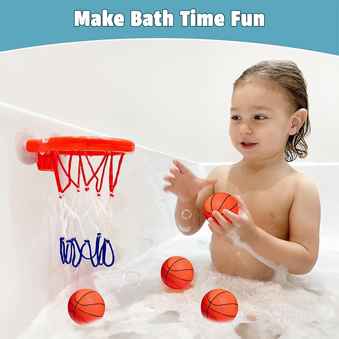 Bath Toys, Bathtub Basketball Hoop for Toddlers Kids, Boys and Girls with 4 Soft Balls, Mold Free & Strong Suction Cup, Bathtub Shooting Game & Fun Toddlers Bath Toys for Boys or Girls