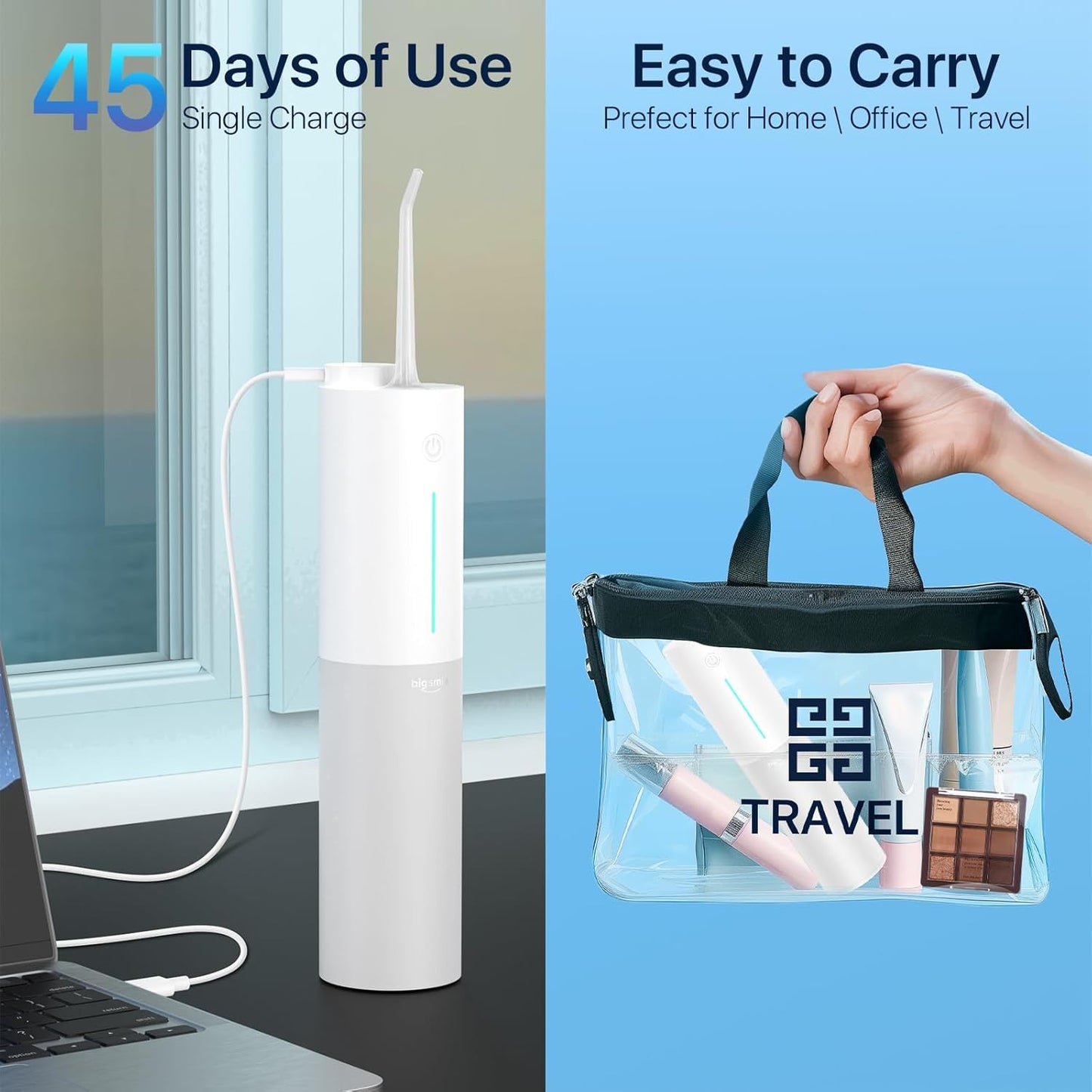 Bigsmile Water Dental Flosser, Portable Cordless, 200ML, Rechargeable, IPX7 Waterproof, Effectively Keep Mouth Clean and Healthy (White)