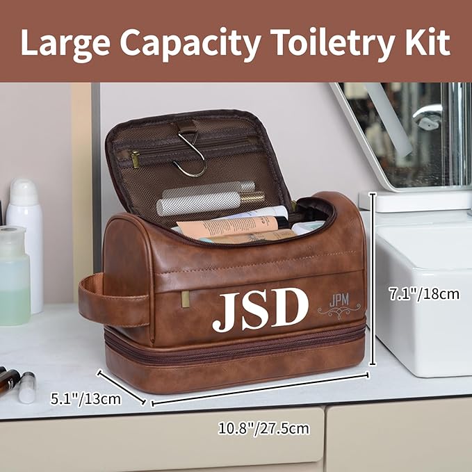 Personalized Toiletry Bag For Men, Large Capacity Travel Doop Kit, Vintage Color PU Leather, Custom Name Initials, Gifts for Dad, Husband, Boyfriend, Groomsmen, Birthday (Style 5)
