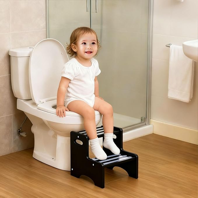 Wooden Step Stool for Kids, Toddler 2 Step Stool with Non-Slip Pads & Handles, Heavy Duty Potty Training Stool for Bathroom Sink, Toilet, Kitchen, Bedroom (Black)