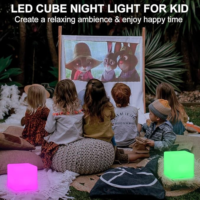 8-in LED Cube Night Light Mood Lamp, Cordless LED Light Cubes for Kid, Rechargeable 16 RGB Colors Changing Light Up Cube Bedside Lamp w/Remote, Waterproof Nursery Kid Stool for Home Patio Garden Party