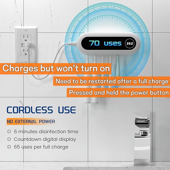 MIMORE Toothbrush Holder, 5 Toothbrush Slots & Timer Function, Cordless Wall Mounted Toothbrush Holders for Bathrooms
