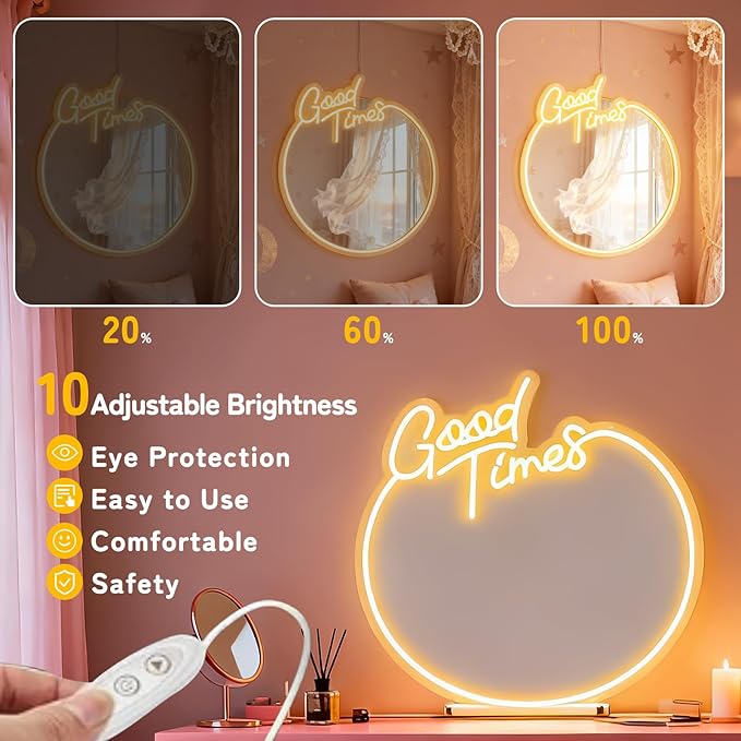 Good Times Neon Sign Mirror, Retro Dimmable Circle Wall Decor with Warm White Light, USB Powered Acrylic Mirror for Bedroom, Living Room