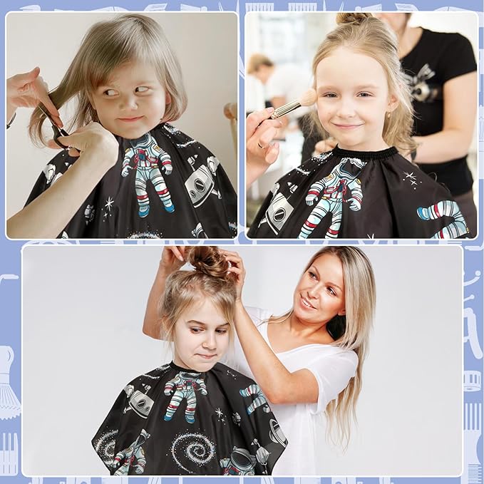 FEBSNOW Kids Hair Cutting Cape,Professional Kids Barber Cape and Neck Duster Brush Cartoon Hairdresser Apron with Adjustable Closure for Children Salon Barber Supplies(Astronaut Space Travel)