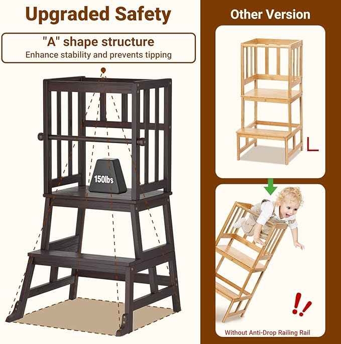 COSYLAND Kids Kitchen Step Stool, Toddler Standing Tower with CPC Certification, Removable Anti-Drop Railing Unique Patented Design A Anti-tip Stable Structure 1.5-3 Years Black Walnut Color