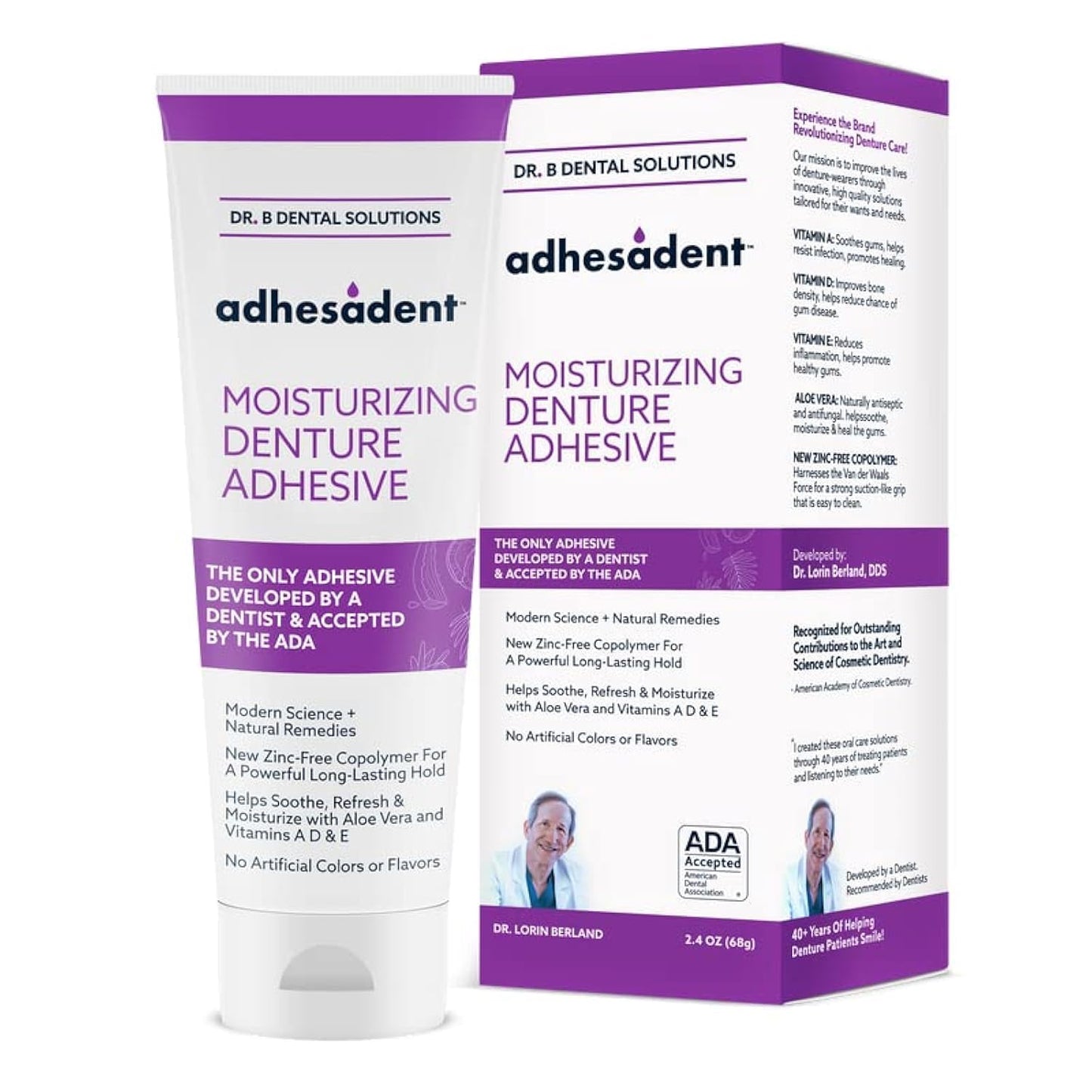 Dr. B Dental Solutions Adhesadent Moisturizing Denture Adhesive - Secure Denture Glue with Strong Grip & Natural Taste - Zinc-Free Dental Adhesive for Dentures, Overdentures - 2.4 oz (2 Pack)