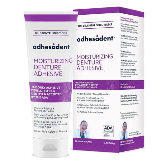 Dr. B Dental Solutions Adhesadent Moisturizing Denture Adhesive - Secure Denture Glue with Strong Grip & Natural Taste - Zinc-Free Dental Adhesive for Dentures, Overdentures - 2.4 oz (2 Pack)