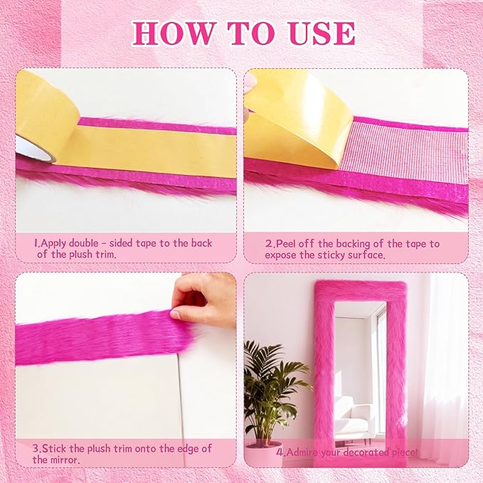 Fluffy Full Length Mirror Cover Universal Ultra Soft Non-Slip Border with Adhesive Tape Pink Fuzzy Frame Decor for Standing Mirror Bedroom Cloakroom Home Decor Women Gifts (vibrant pink, 64 x 21 Inch)