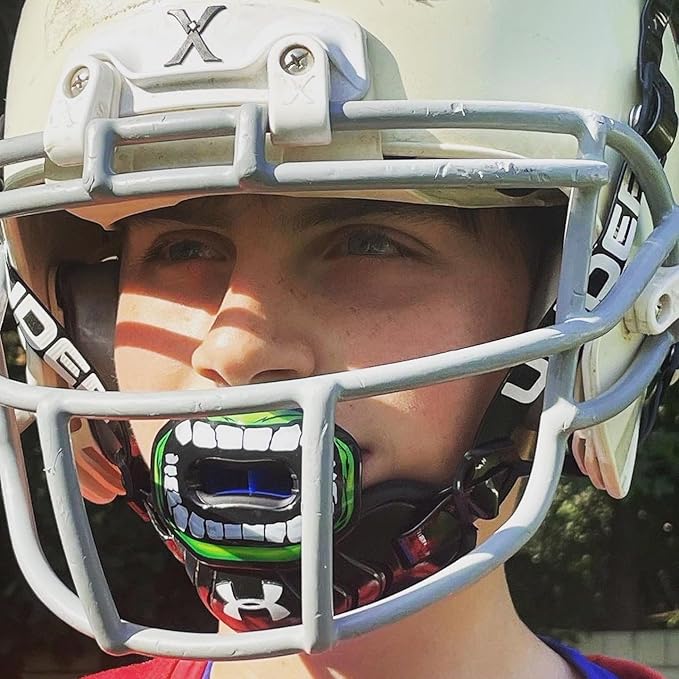 Oral Mart Flag Football Mouth Guard with 3D LipFit Design for Kids - Youth Tackle Football Mouthguard (No Boil) Cool Instant Fit Lip Guard Mouthpiece for Braces (Detachable Helmet Strap Included)