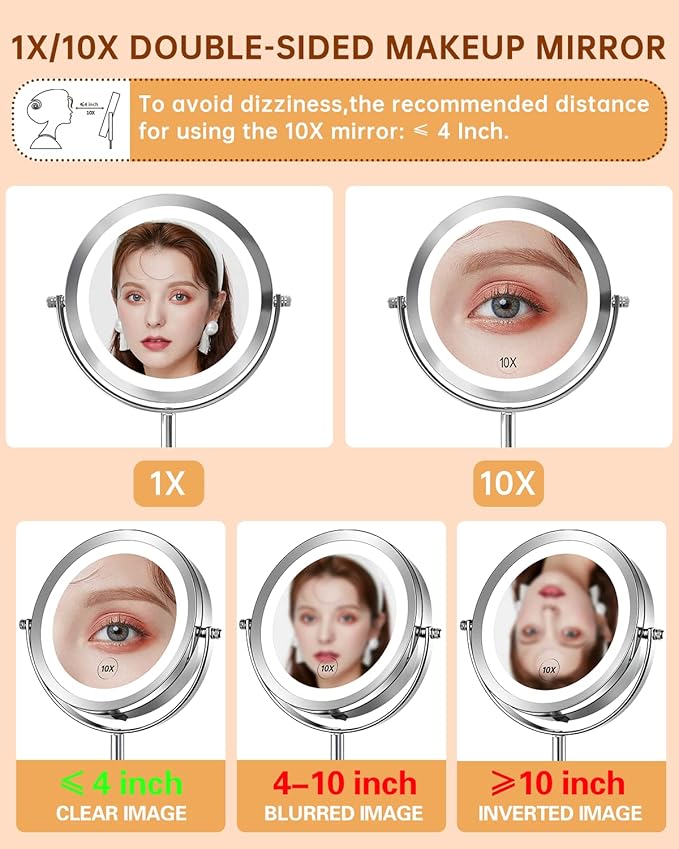1X/10x Magnified Lighted Makeup Mirror Double Sided Round Magnifying Mirror Standing 360 Degree Swivel Vanity Mirror Battery Operated 7 Inch Diameter Shaving Bathroom Mirror