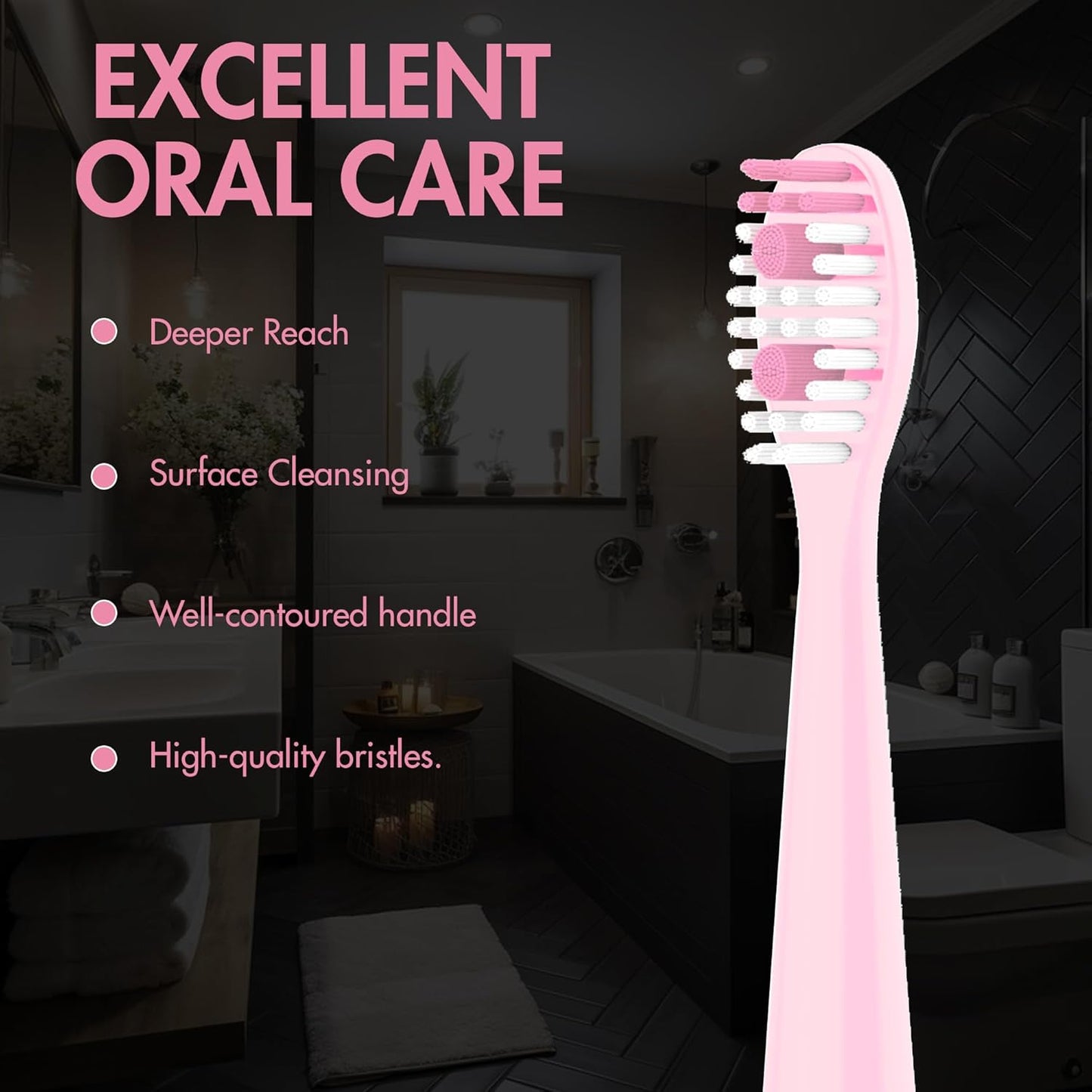 Sonic Electric Toothbrush for Adults with 5 Toothbrush Replacement Heads, 3 Brushing Modes & 2 Minutes Built-in Timer, Travel Toothbrushes with Inductive Charging, Rechargeable toothbrush | Pink