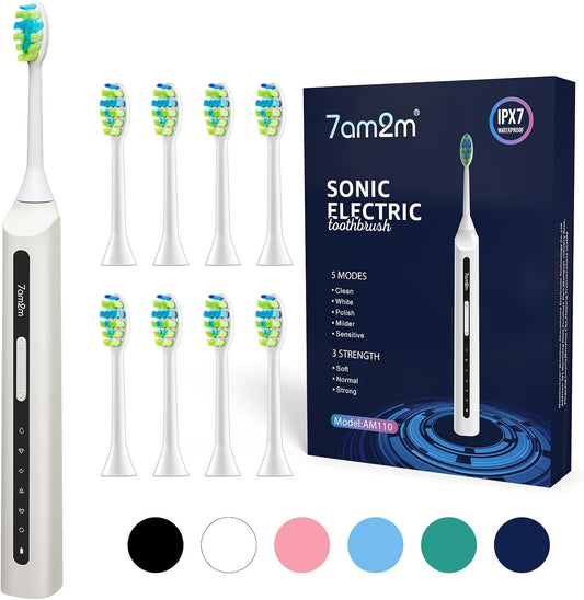 7AM2M Sonic Electric Toothbrush, High Power Rechargeable Toothbrushes, with 8 Brush Heads for Adults and Kids, 15 Adjustable Modes, Built-in 2-Minute Smart Timer, 4 Hours Fast Charge(White)