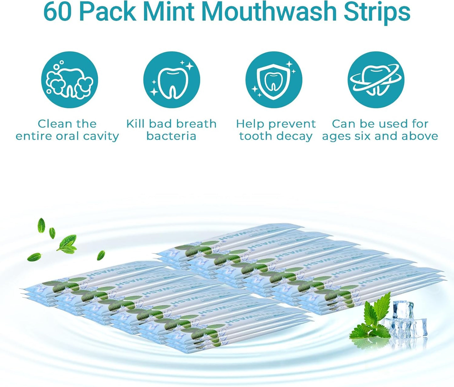 Travel-Size Alcohol & Fluoride Free Mint Mouthwash Packets, 60 Individually Wrapped Portable Packs for Adults, Fresh Breath Mint Flavored Mouthwash for Oral Hygiene, 0.63 Fl Oz Each