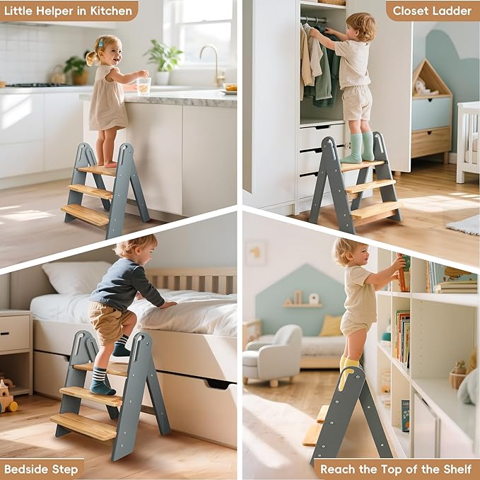 Step Stool for Toddler, 3-Step Kids Step Stool for Bathroom Sink, Foldable Toilet Potty Training Stool with Handles, Child Kitchen Counter Stool Helper Wooden Ladder for Toddlers (Grey)