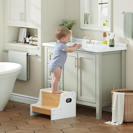 HOOBRO Step Stool for Kids, Two Step Toddler's Stool, Kids Potty Training Stool with Handles, Non-Slip Pads for Safety, Easy to Move, for Sink, Bathroom, Bedroom, White WN01JD01G1