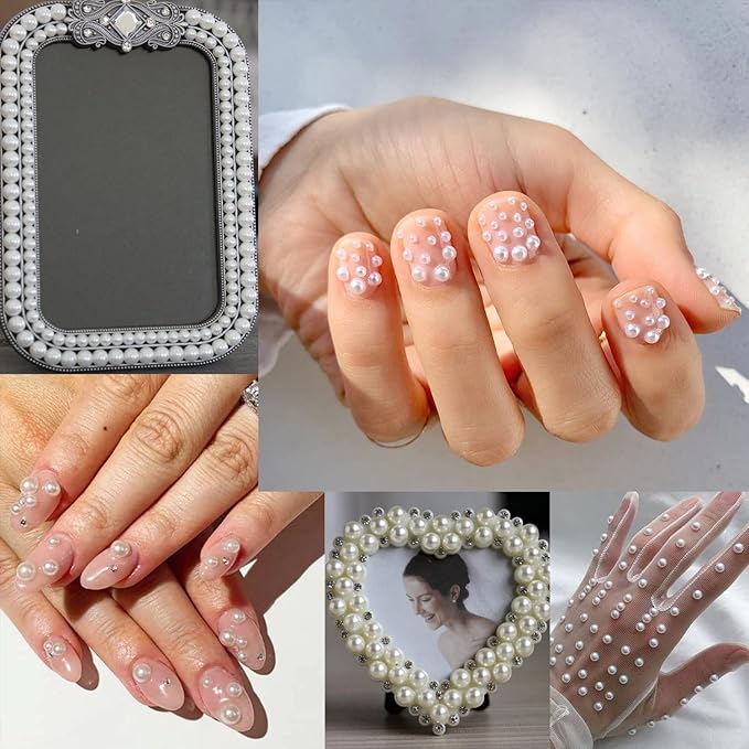 Nail Art Flat Back Half Round Pearl Kits, Mixed Sizes 6000 Pcs with B7000 Jewelry Glue White Small Pearls for Nails with Picking Tools for Graduation Cap Decorations Home DIY Body Face Craft Use