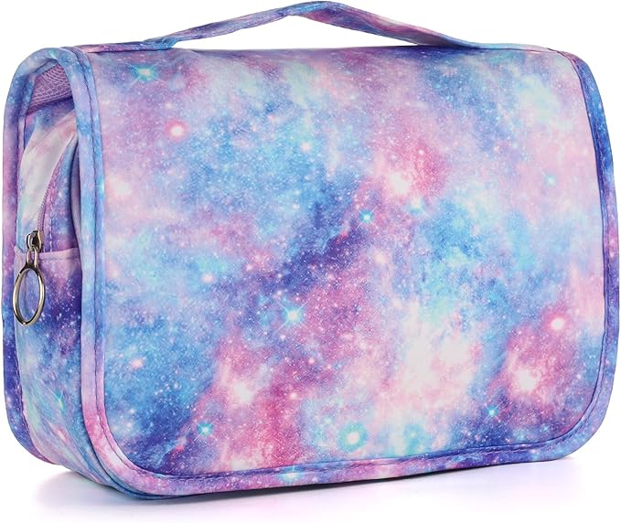 Kids Hanging Toiletry Bag for Girls, Travel Toiletry Bag for Little Young Teen Girls Cosmetic Makeup Waterproof Wash Bag Traveling Toiletries, Galaxy Purple