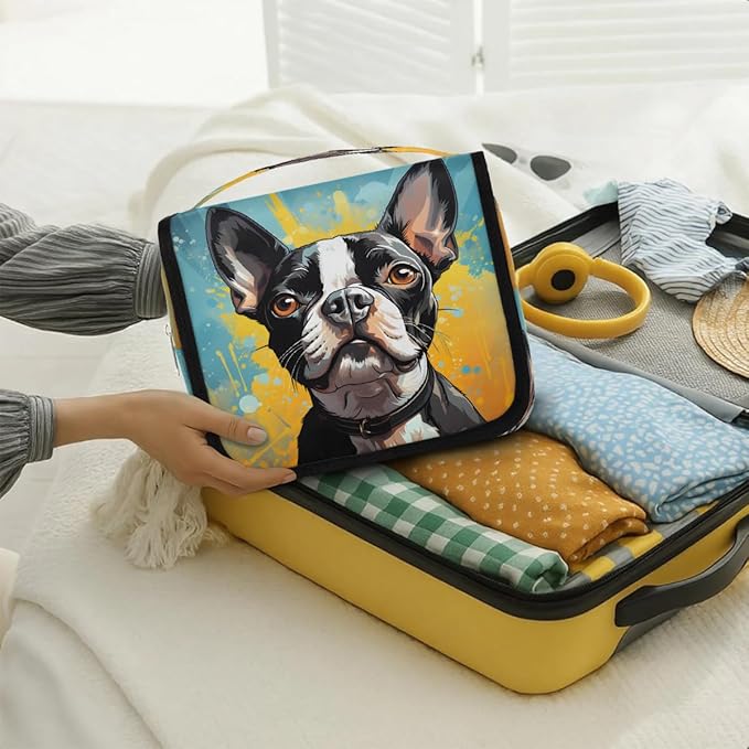 Hanging Toiletry Bag for Women Men Travel Boston Terrier Dog Art Painting Makeup Organizer with Compartments, Waterproof Portable Cosmetic Bag with Hook and Handle