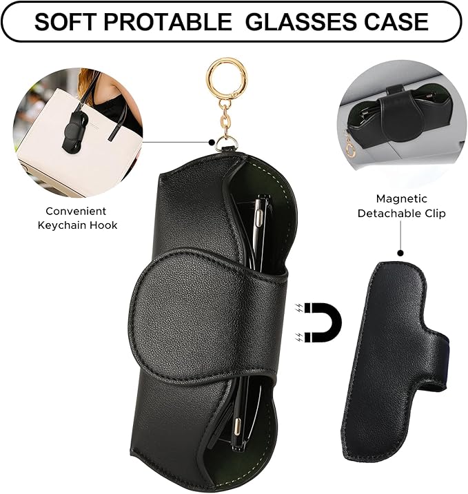 KINIVA Sunglasses Holder for Car Visor with Hanging Hook Portable Leather Glasses Storage Bag with Detachable Clips
