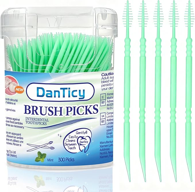 Brushpicks Interdental Toothpicks,Soft Bristle Dental Floss Picks Toothpicks,Helps Removes Plaque and Debris Between Your Teeth, Mint, 300PCS (Pack of 1)