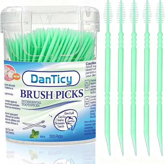Brushpicks Interdental Toothpicks,Soft Bristle Dental Floss Picks Toothpicks,Helps Removes Plaque and Debris Between Your Teeth, Mint, 300PCS (Pack of 1)