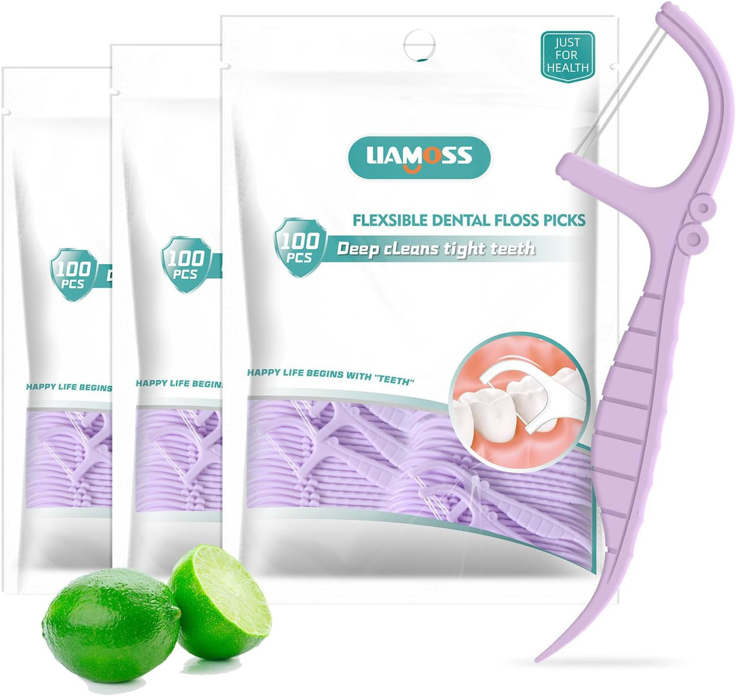 Dental Floss Picks,Twin Line 300 Count Lemon Flavor Dental Flossers,LIAMOSS Dual Action Flossing System,Superfine Toothpicks Sticks,Comfortable for Tight Teeth(Purple)