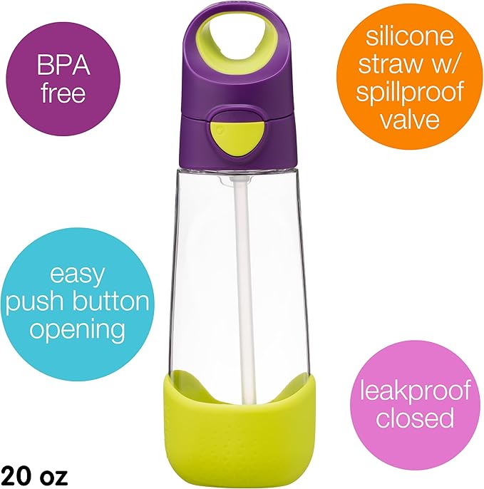 b.box 20oz Tritan Kids Water Bottle –Toddler Drink Bottle with Straw for School, Daycare, Travel w/Easy-Grip Triangular Design, Leak Proof Lid & Handle, BPA Free, Dishwasher Safe (Passion Splash)