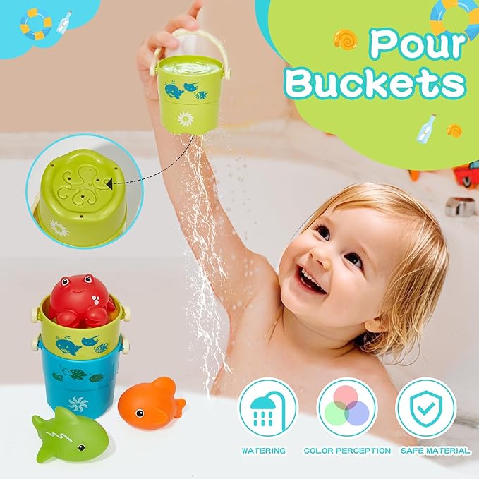 Toddler Bath Toys for Babies, 26 Pcs Mold Free Bathtub Toys with Fishing Rod Floating Boats Spoons Bucket No Hole Sea Animals and Storage Bag, Water Table Pool Toys for Toddlers and Kids