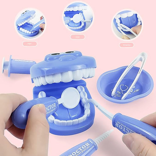 Dental Early Education Brushing Toys, 9Pcs/Set Children Role Play Toy Crocodile Early Education Cartoon Tooth Brushing Model Preschool Education Toy Dentist Game for Kids Classroom Blue