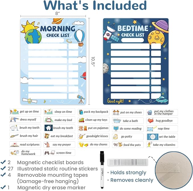 JJPRO Bedtime/Morning Routine Chart - Magnetic Daily Schedule Board for Kids - Outer Space