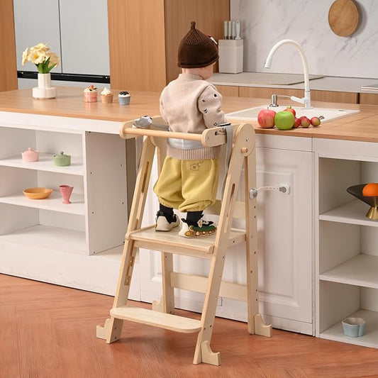 Kids Kitchen Step Stool, Foldable Toddler Tower, Height Adjustable Toddler Standing Tower with Safty Rail and Anti-Slip Device, Wooden Stool for 1.5-6 Years(Nature-Wood)
