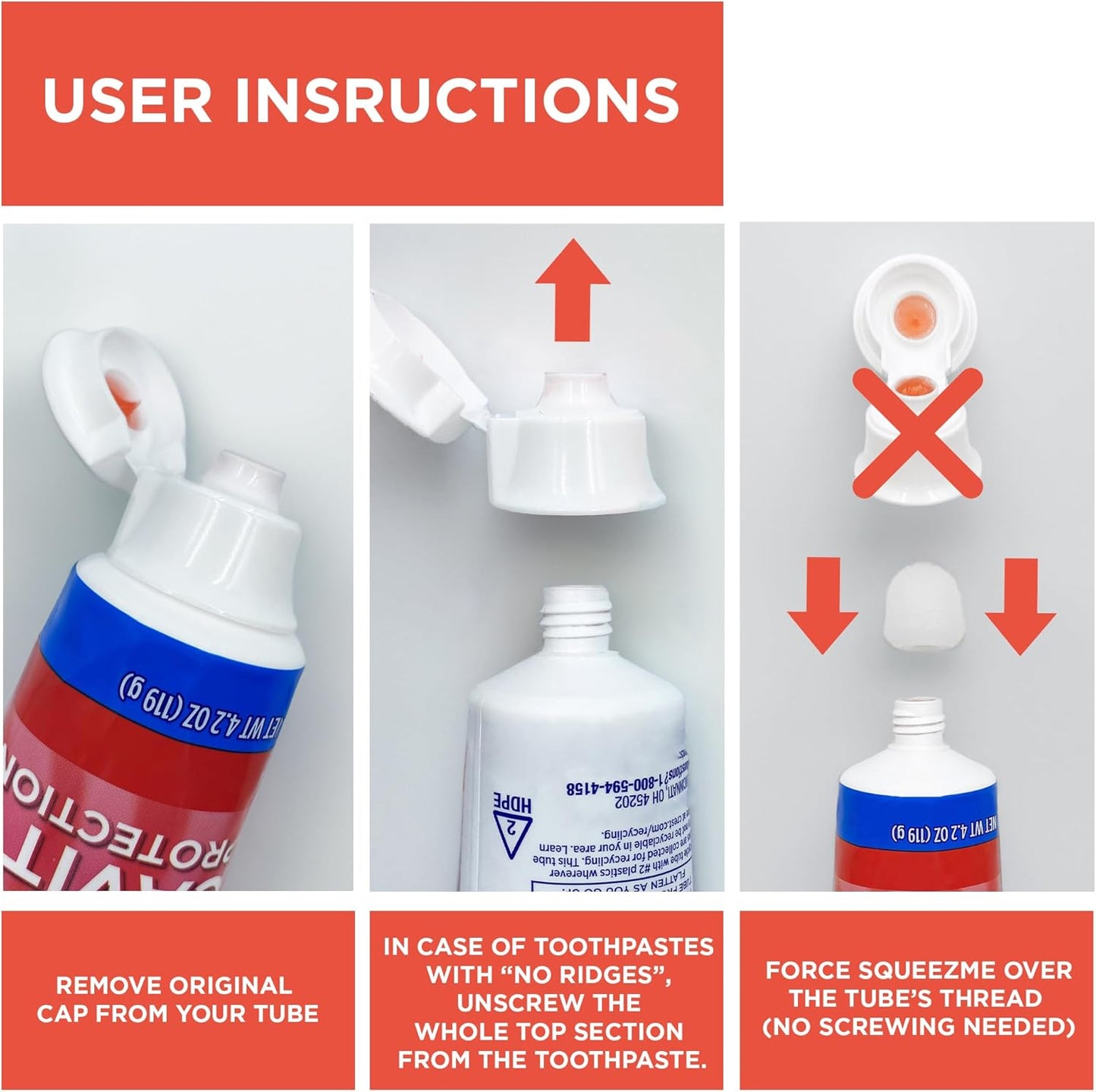 Chrome Cherry SqueezMe Self-Closing Toothpaste Caps, Silicone Lid for Kids & Adults, No Mess Toothpaste Dispenser, Self-Standing Easy Squeezer Cap, Bathroom Accessory, Clear, Pack of 3