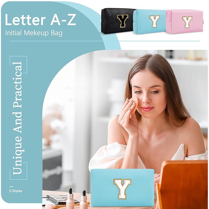 Small Personalized Initial A-Z Preppy Patch Makeup Bag,PU Chenille Letter Travel Cosmetic Pouch with Zipper,Blue Cute Toiletry Bag,Gift Ideal for Teen Girls Women Teacher Bridesmaid,Letter Y