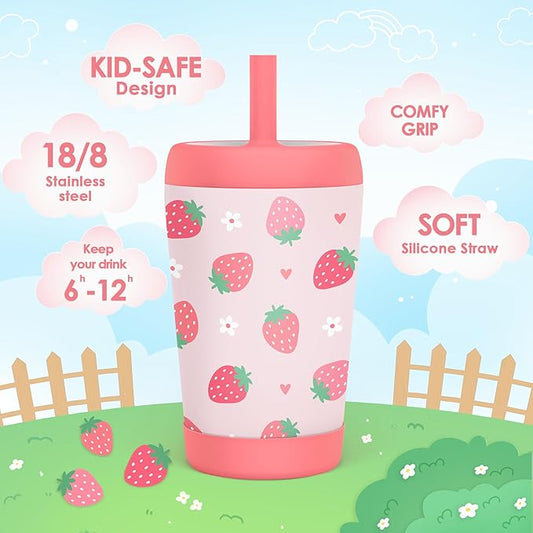 Kid Insulated Stainless Steel Tumbler with Silicone Straw, 12oz Sippy Cup for Kids (Strawberry)