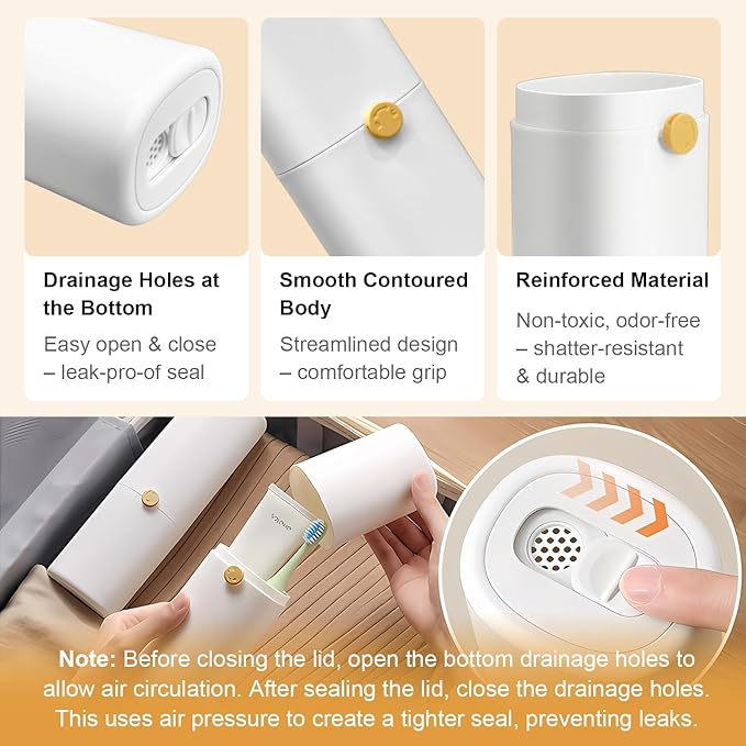 Ventilated Toothbrush Travel Case with Toothpaste Dispenser Portable Travel Toothbrush Holder – Leakproof Twist-Lock Design | for Electric/Manual Brushes, Gym, Camping & School