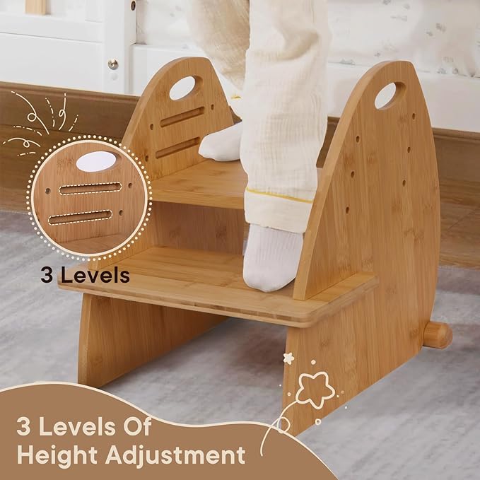 Wooden 2 Step Stool for Kids,Toddler Adjustable Triple Height Step Stool,Bamboo Bird-Shaped Design,300lbs Capacity,Ideal for Bathroom,Kitchen,Bedroom