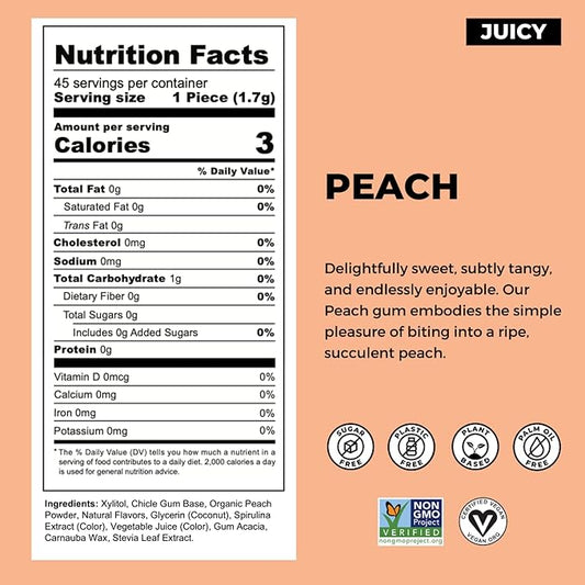 Refresh Gum, Xylitol, Natural, Sugar Free, Chewing Gum, Plastic Free, Natural Flavors & Organic Ingredients, Non GMO, Gluten Free, Vegan, 12 Count (Pack of 5), Peach