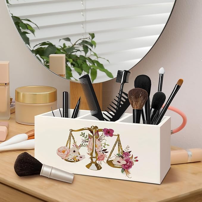 Lawyer Attorney Gifts for Women Pen Pencil Holder for Desk, Lawyer Graduation Gifts, Floral Scales of Justice Wooden Box Decorative Sign for Home Office Desk Tabletop Decor