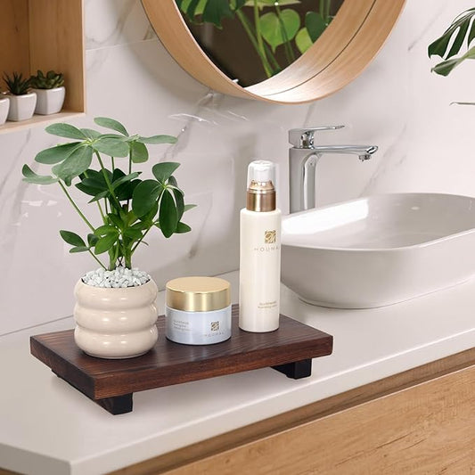 Farmhouse Bathroom Tray Organizer Wooden Riser Stand Wood Trays for Kitchen Counter Decor Pedestal Dish Soap Dispenser Holder Kitchen Sink Tray Modern Bathroom Vanity Accessories Decorative Trays
